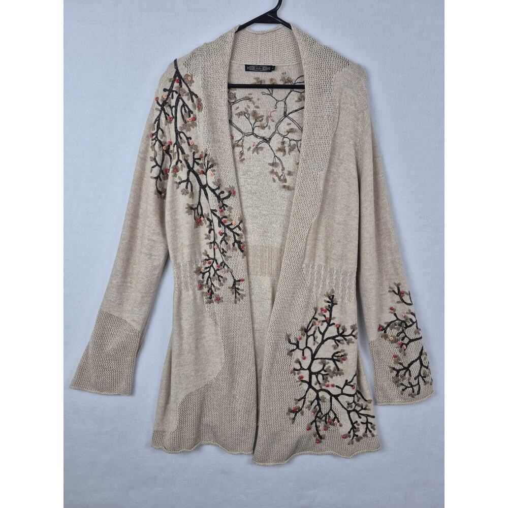 ZOZO Women's Large Boho Cardigan Embroidered Floral Beige Open Front